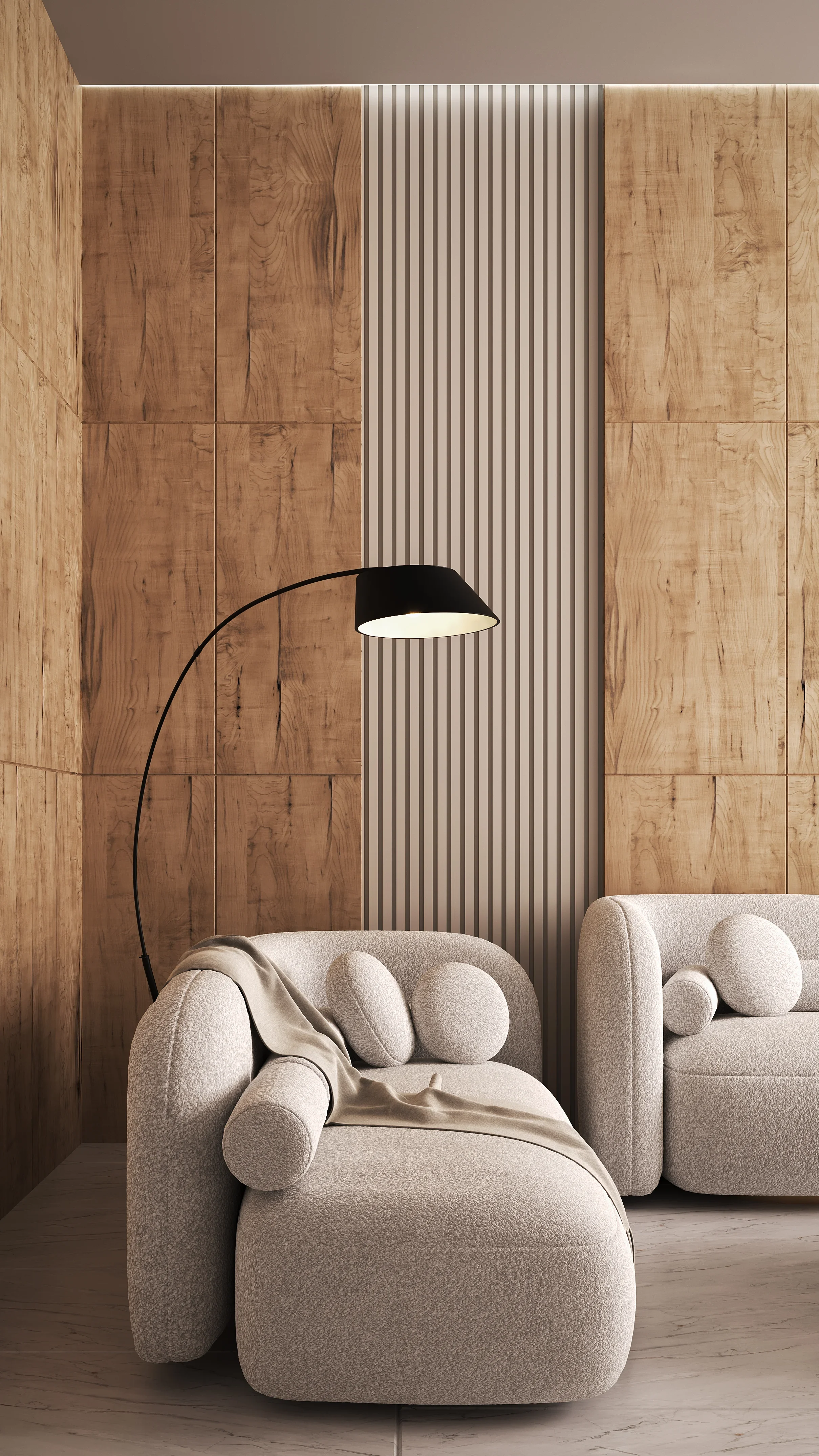 Close-up of a modern lounge area featuring a curved boucle armchair with a throw, a black arched floor lamp, and a wall with large natural wood panels and vertical cream ribbed slats.