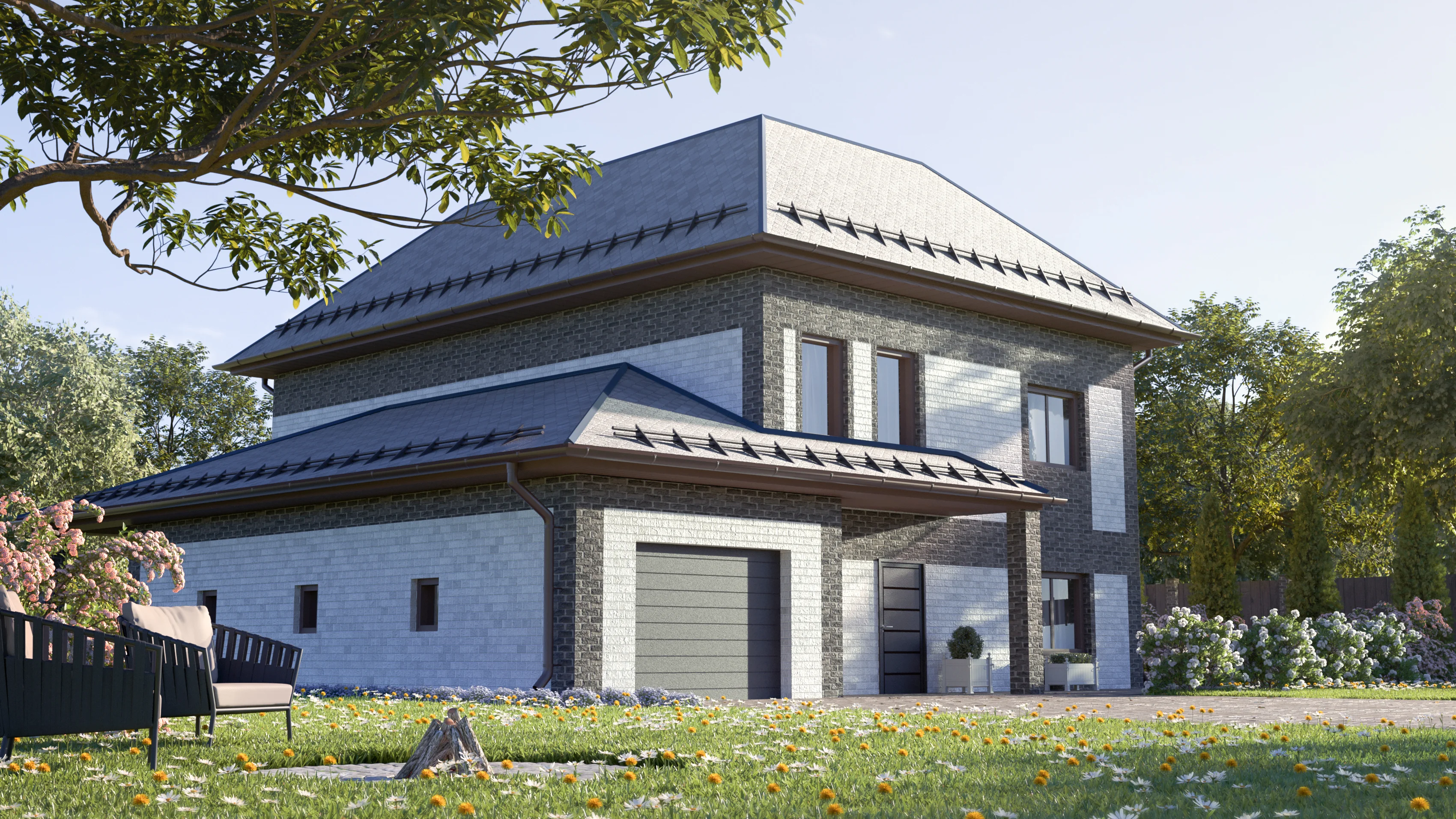 3D rendering of a modern two-story house with dark metal roof, grey brick, attached garage, and a garden with dandelions